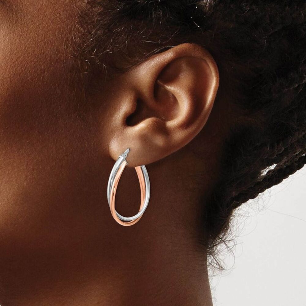 4 x 20mm (3/4 Inch) 14k White and Rose Gold Double Oval Hoop Earrings - Picture 3 of 5
